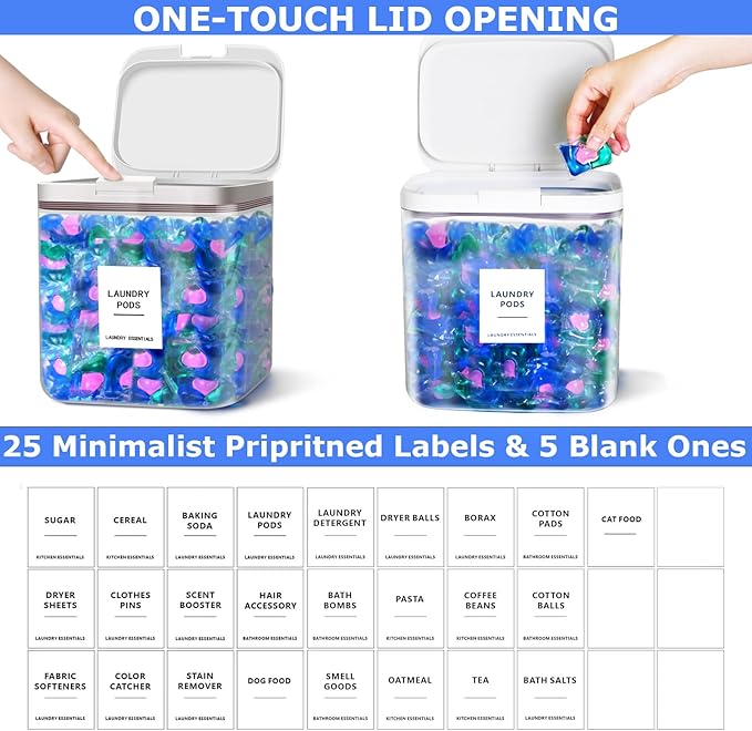 186oz/5.5L Laundry Pods Container for Room Organization, Pod Up Holder With 30 Labels and Scoop, Detergent Powder Container, Dryer Sheet Holder, 220 Pods