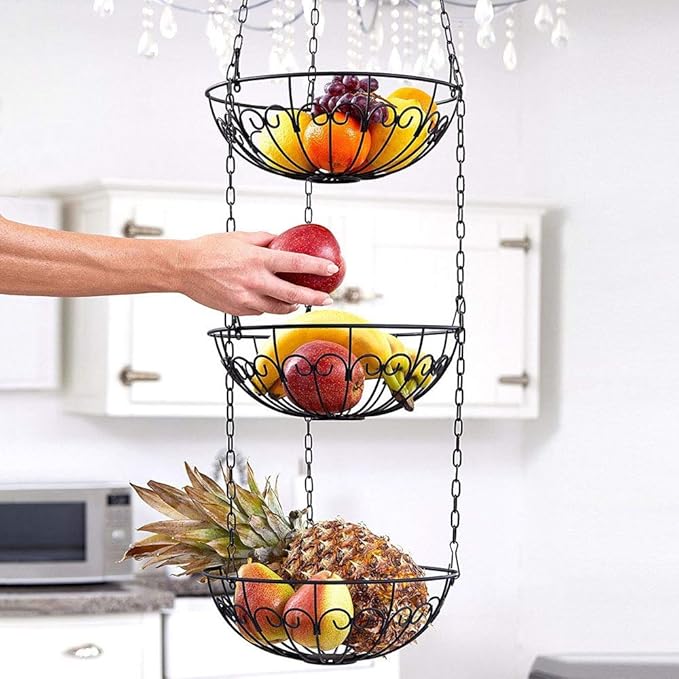 3-Tier Fruit Basket, Vegetable & Produce Storage, Rustic Brown Iron Hanging Kitchen Basket
