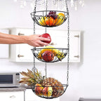 3-Tier Fruit Basket, Vegetable & Produce Storage, Rustic Brown Iron Hanging Kitchen Basket