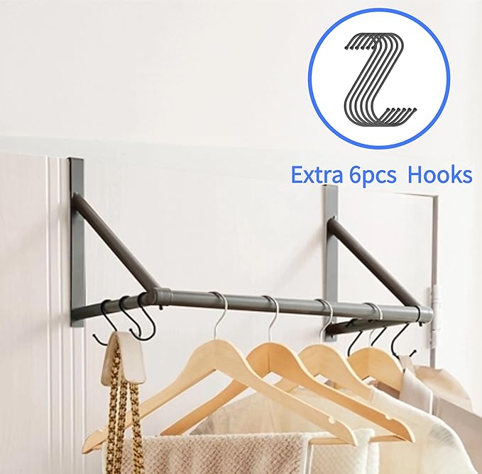 Over The Door Clothes Hanger,Metal Over Door Clothes Drying Rack with 6 Hooks,Laundry Drying Rack Rod for Laundry, Bedroom, Washroom, Closet,Fits Door Up to 1.97", (Dark Gray)