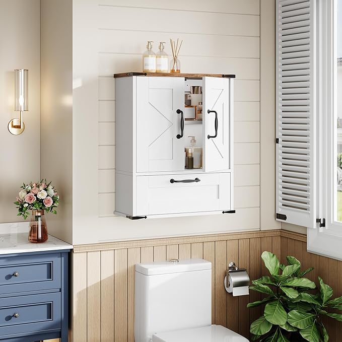 HOOBRO Farmhouse Wall Mounted Cabinet with Adjustable Shelf, Medicine Cabinet with Flip-Down Door, Over The Toilet Bathroom Organizer, for Small Bathroom, Kitchen, White and Walnut