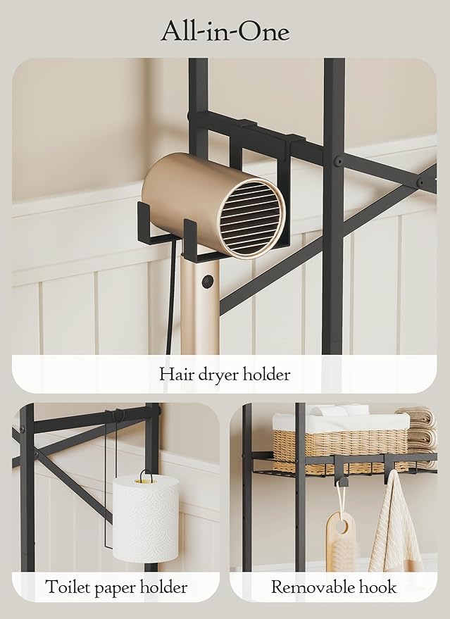 4 Tier Over The Toilet Storage Shelf with 3 Adjustable Shelves, Space Saver Bathroom Organizer with 4 Hooks, Freestanding Above Toilet Rack for Restroom Laundry (Black)