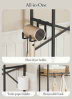 4 Tier Over The Toilet Storage Shelf with 3 Adjustable Shelves, Space Saver Bathroom Organizer with 4 Hooks, Freestanding Above Toilet Rack for Restroom Laundry (Black)
