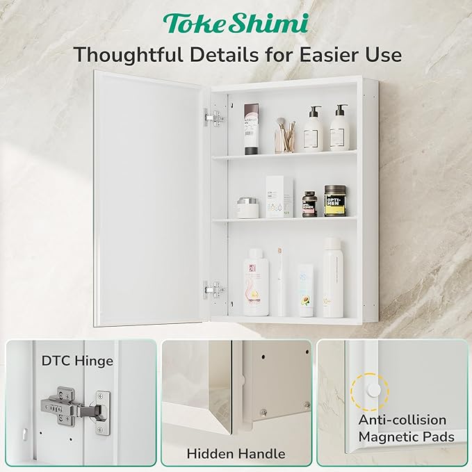 TokeShimi 24 x 32 Mirrored Medicine Cabinet, Assembly Required, Silver Medicine Cabinet for Bathroom, Tempered Beveled Mirror, Stepless Adjustable Shelves, Recessed/Wall Mounted