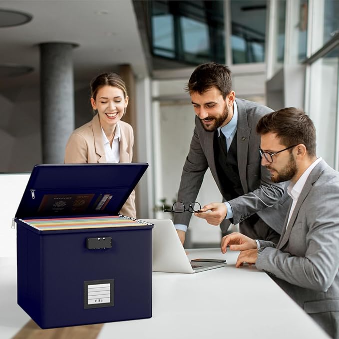 Navy blue Fire Proof File Box for Documents - Portable Fireproof Document Organizer Box with Handle Waterproof Safe Locking Folder Storage with Lid