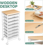 Rolling Cart with 8 Drawers, Storage Drawers Cart with Wooden Tabletop and Lockable Wheels, Utility Cart for Living Room, Office, Classroom, Craft Room, White