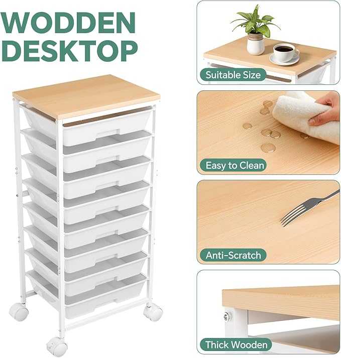 Rolling Cart with 8 Drawers, Storage Drawers Cart with Wooden Tabletop and Lockable Wheels, Utility Cart for Living Room, Office, Classroom, Craft Room, White