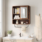 QUW Modern Bathroom Wall Cabinet, Medicine Cabinets with Mirror, Over The Toilet Storage Cabinet for Bathroom, Towel Bar, Sliding Door, 3 Lighting Modes, Adjustable Brightness, Dark Walnut