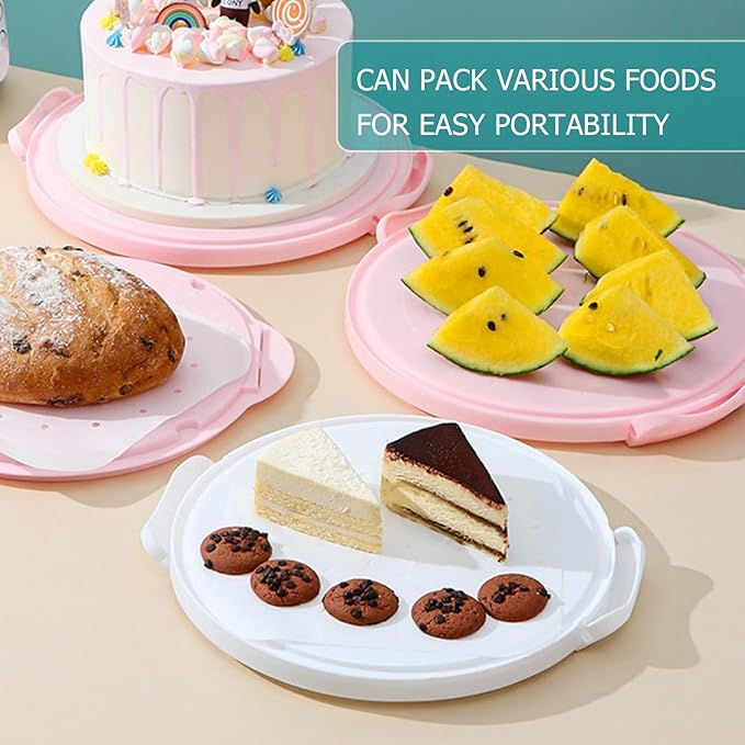 Cake Carrier Round Cake Stand Plus Height Cake Container with Cupcakes Pad, Handle, Lid Reusable Package Box for Transporting Desserts,Pie,Toast,Fruit (10" White)