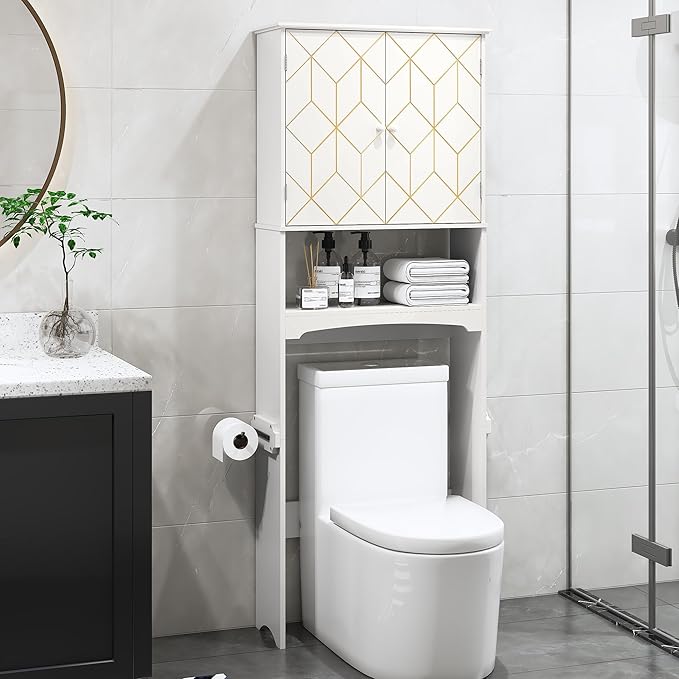 Over The Toilet Storage Cabinet with Gold Trim, Modern Bathroom Organizer Over Toilet with Adjustable Shelves and Toilet Paper Holder for Bathroom (White)