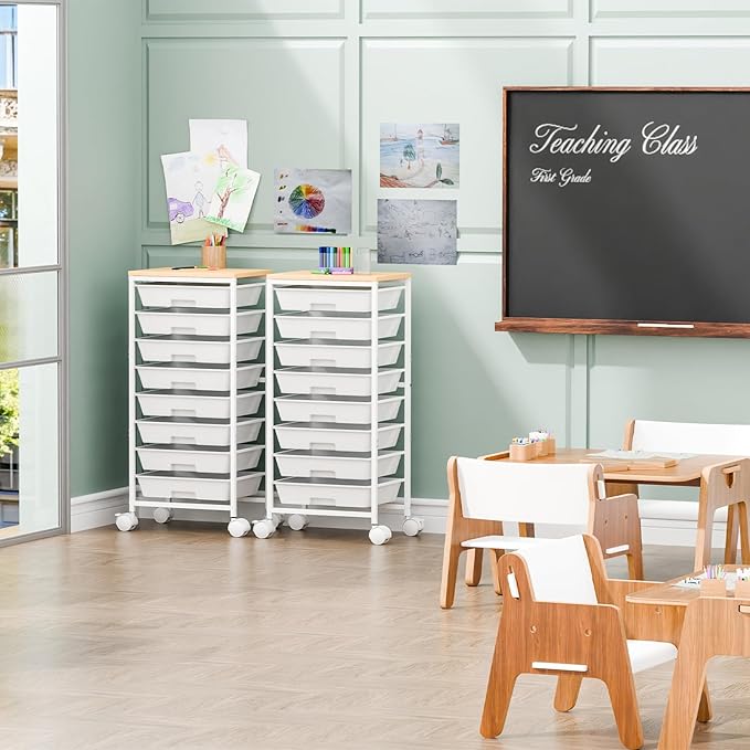 Rolling Cart with 8 Drawers, Storage Drawers Cart with Wooden Tabletop and Lockable Wheels, Utility Cart for Living Room, Office, Classroom, Craft Room, White
