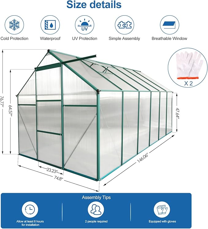 6X10FT Greenhouse for Outdoor, Polycarbonate Greenhouse with Raised Base and Anchor, Heavy-Duty Walk-in Green House with Adjustable Roof Vent and Gutter System for Patio,Backyard (Green, 6x12 FT)