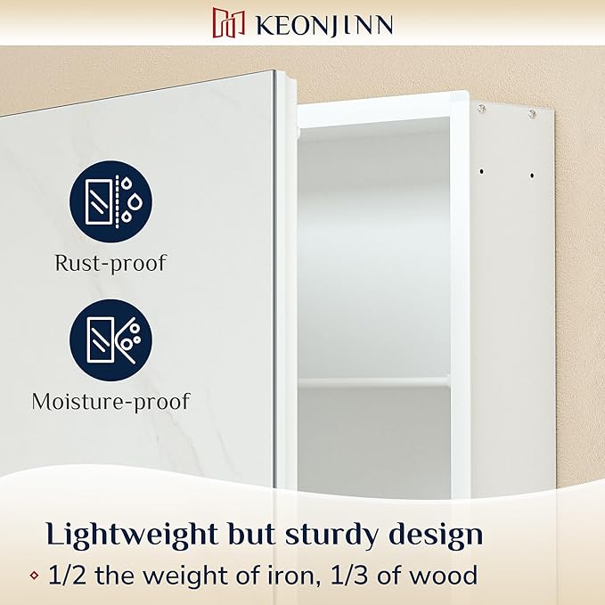 Keonjinn 60 x 32 Inch Medicine Cabinet, Assembly Required, White Bathroom Medicine Cabinets Mirror, Lightweight, Adjustable Shelves, Surface Mount or Recessed, Tempered Glass