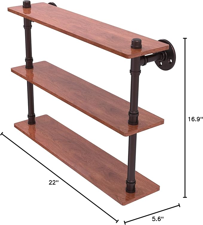 Allied Brass P-490-22-TWS Pipeline Collection 22 Inch Ironwood Triple Wood Shelf, 22", Antique Bronze