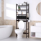 Over The Toilet Storage with 2 Baskets, 4-Tier Bamboo Organizer Rack with Paper Holder & 4 Hooks & Waterproof Feet Pad,Freestanding Shelf for Bathroom(Brown)