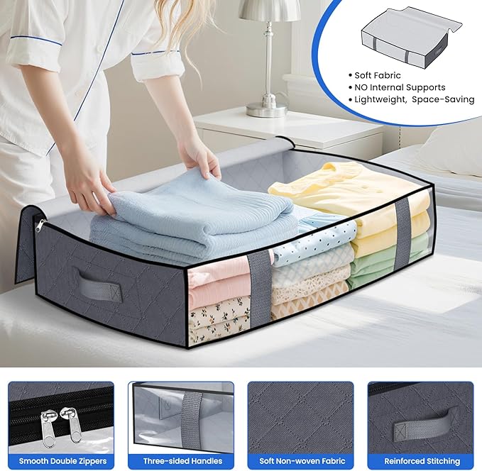 Under Bed Storage Containers, 8 Pack Blanket Storage Bags, Collapsible Storage Bags with Big Zippers, Clear Front, Shoe Storage and Organization for Clothes, Comforter, 60L, Grey