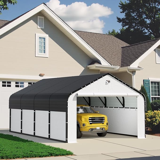 Carports Canopy Heavy Duty, Fully Enclosed Metal Garage with Sidewalls (12x20, White)