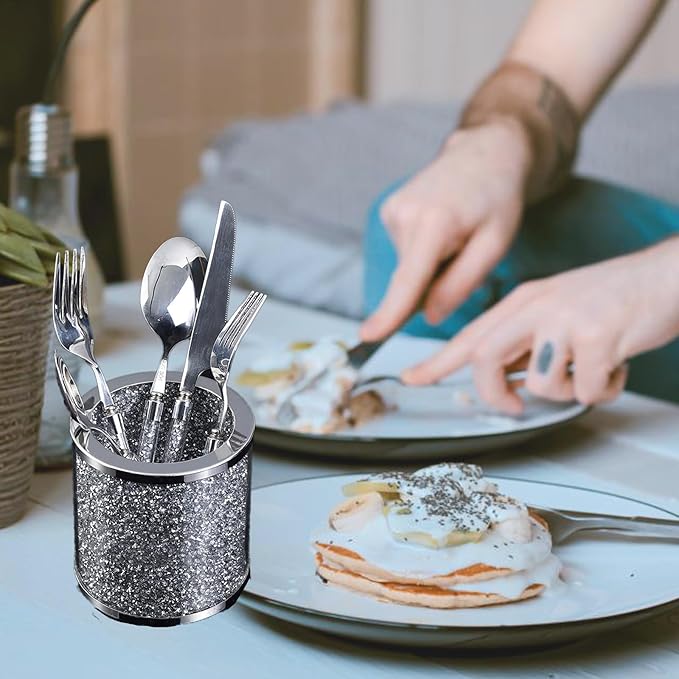 Glass Utensil Holder, Crystal Silver Utensil Makeup Brush Organizer Bling Flatware Storage Crocks for Countertop Crushed Diamond Home Decor Spoon Knife Fork Holder for Kitchen Counter