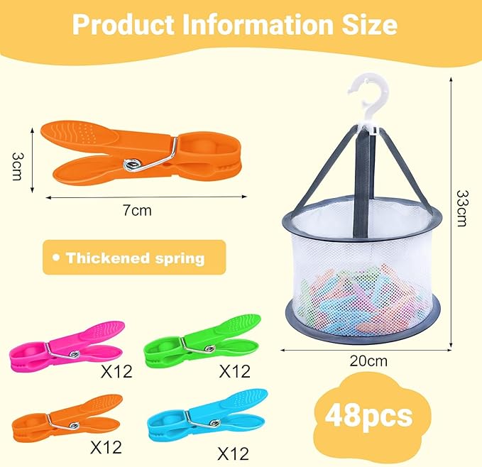 48 Pcs Colorful Plastic Clothes Pins with Clothespin Bag, Clothespins Basket Heavy Duty Laundry Clothes Pins Clips with Springs, Clothes Drying Line Pegs Towel Clips Picture Clips Food Clips