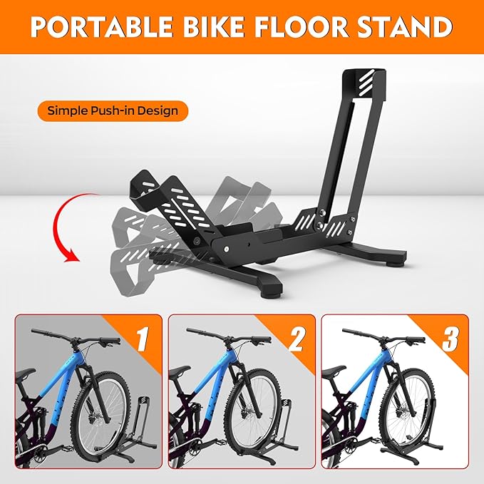 Bike Stand Floor, Portable Bike Storage for Garage - Fit for 24"-29" Bikes, Tire Width up to 3.5", Road & Mountain Bicycle Stand, Front and Rear Wheel Parking Rack - Black