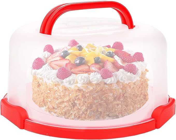 Yesland Cake Carrier with Collapsible Handle - Plastic Red Cake Container and Holder with Lid - Portable Round Cake Cover for 10 inch Cake, Pies, Cookies, Nuts, Muffins and Fruit
