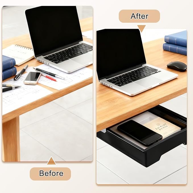 Upgraded Super Capacity 11.85 "x 8.9" Under Desk Drawer Hidden Strorage Drawer Self-Adhesive Slide Out with Smooth Gliding Motion - Attachable & Space-Saving Under Desk Organizer with Screw Kit, Black