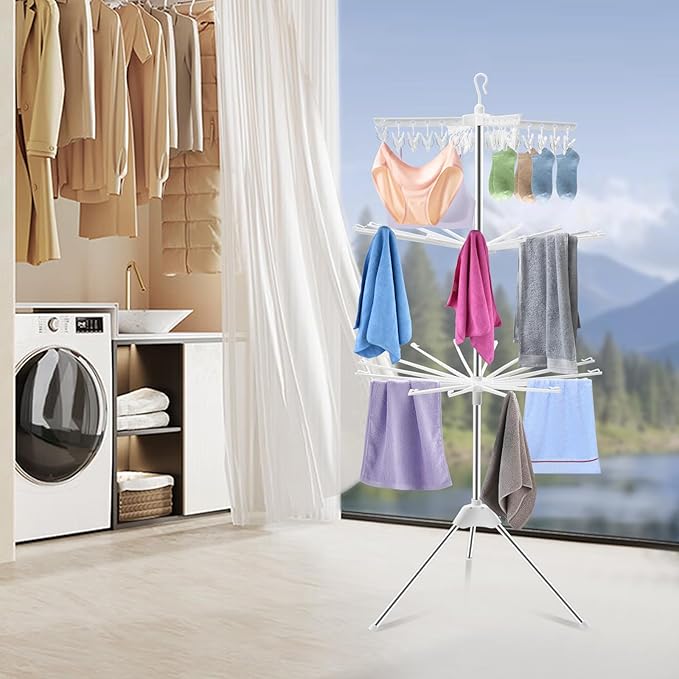 3-Tier Foldable Clothes Drying Rack, Rotating Clothing Rack w/Three-Legged Base, 24 Clips Large Capacity Indoor Clothes Airer for Scarves, Towels, Socks, Underwear