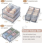6 Pcs Underwear Drawer Organizer, Foldable Underwear Storage Divider Boxes 6/7/11 Cell Closet Clothing Organizers for Bras Panties Ties Socks Scarves Clothes