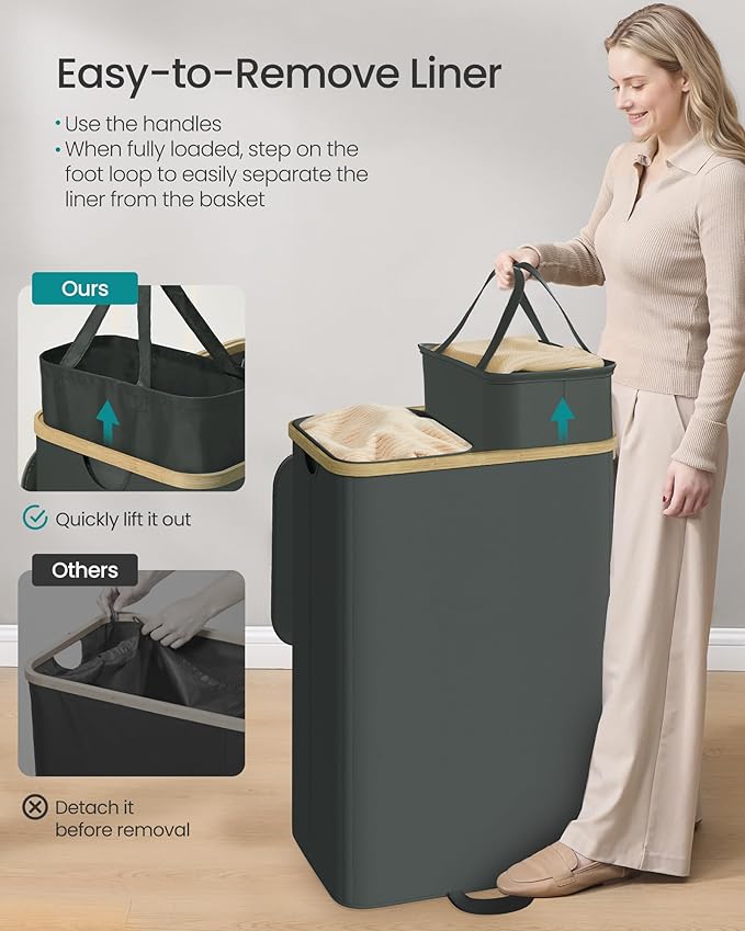 SONGMICS Laundry Hamper, Laundry Sorter with Lid, Storage Basket Bin, Removable Liners, Bamboo Frame, for Bedroom, 2 Sections, 39.6 Gal. (150 L), Slate Gray ULCB532GN01