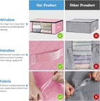 HomeHacks Storage 4-Pack Clothes Organizer Storage Bags Foldable Storage Box with Large Clear Window Sturdy Handles for Closet, Dorm, Pillows, Bedding, Clothes, Blankets, 35L, Pink