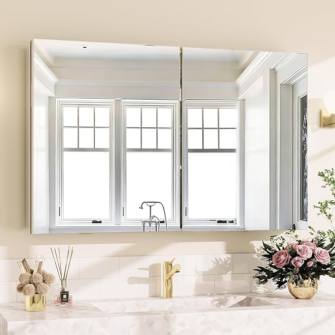 BEAUTYPEAK Bathroom Medicine Cabinet Mirror with Storage, 40 Inch x 26 Inch Silver Medicine Cabinet with Double Door & Adjustable Shelves for Vanity, Tempered, Aluminum Surface, Wall-mount or Recessed
