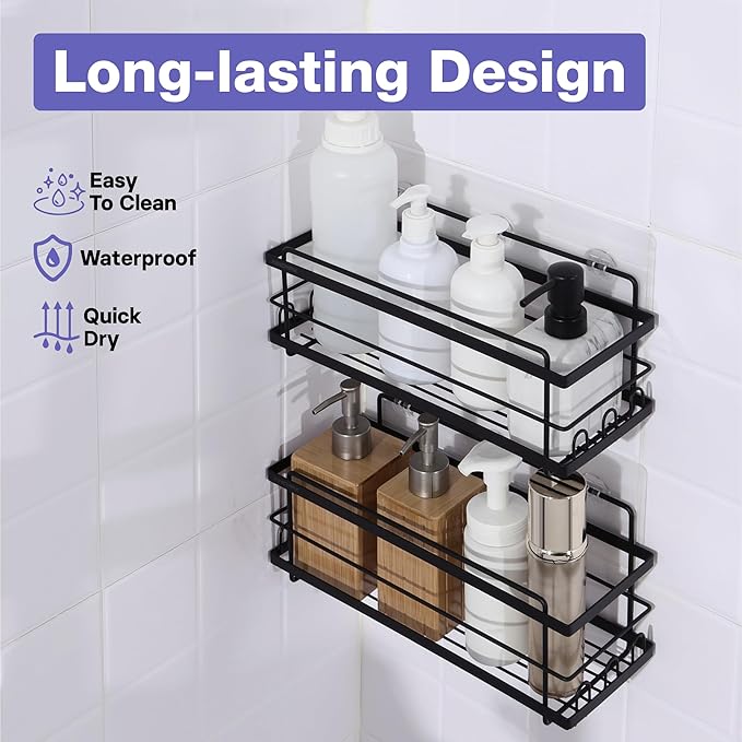 KINCMAX Iron Shower Caddies - Self Adhesive Bathroom Shelves for Showers - Wall Organizer Shampoo Holder Shelf - Peel and Stick On Caddy Bath Tub Rack - Pack of 2 Holders - Black