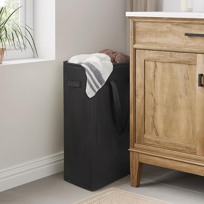 Chrislley 25-Inches Slim Laundry Hamper 60L Narrow Laundry Basket with Handle Foldable Dirty Clothes Portable Skinny Hamper Organizer Storage Bins (Black)