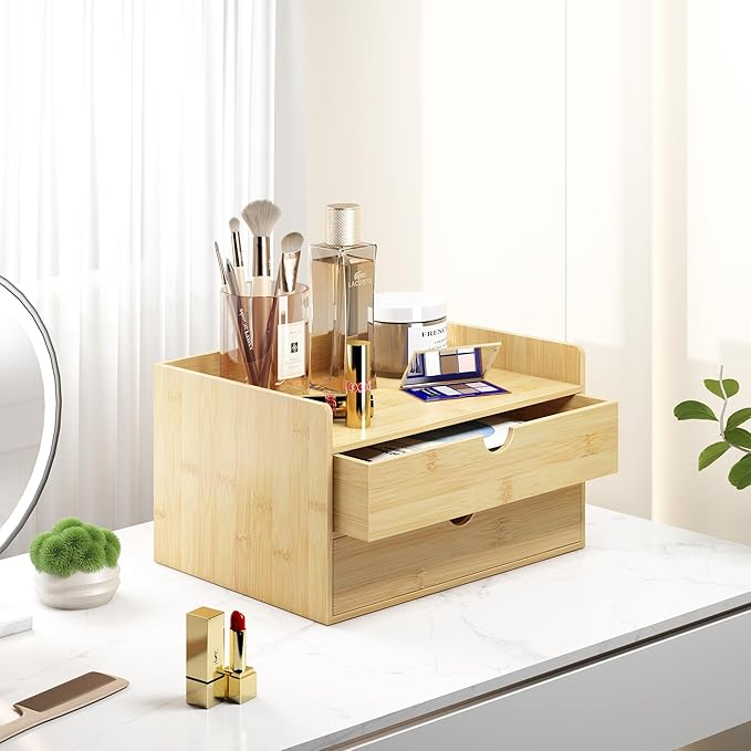 Wisuce Bamboo Desk Organizer - Mini Bamboo Desk Drawer Tabletop Cosmetic Storage Organization for Office or Home (Nature 2 Drawers)