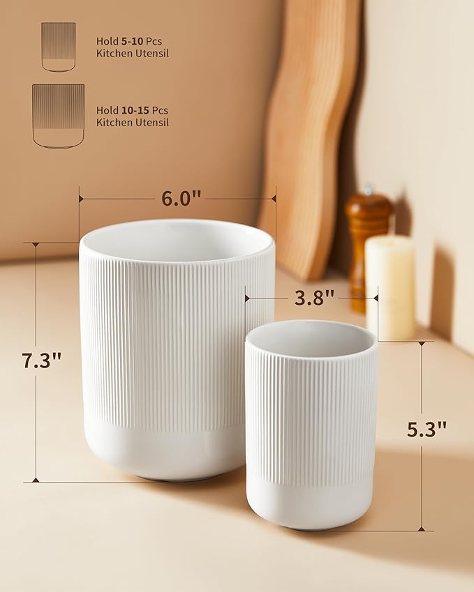 Utensil Holder, 7.3"+5.3" Large Ceramic Kitchen Utensil Holder for Countertop, Cooking Utensil Holder for Kitchen Counter Decor, Modern Kitchen Utensils Holder, Bright White
