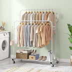 Laiensia Double Rods Garment Rack with Wheels, Clothing Rack for Hanging Clothes,4 Hooks, Multi-functional Bedroom Clothes Rack, White
