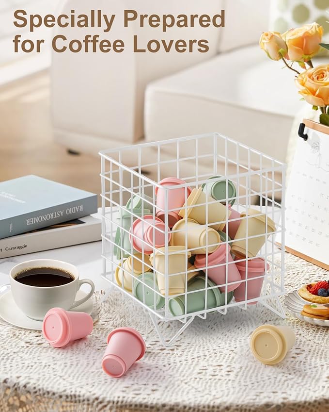FantasyLife K Cup Holder Organizer, 5.3" x 5.3" x 6.3" Coffee Pod Storage Basket, Coffee Bar Accessories Metal Basket, Large Capacity Countertop Organizer for Kitchen Counter & Office Desktop (White)