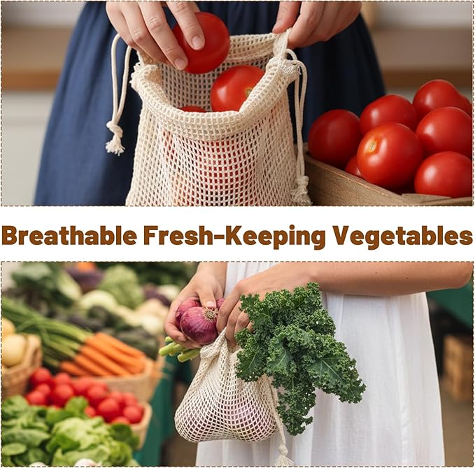 6 Pack Reusable Produce Bags Washable Reusable Bags Cotton Mesh Produce Bag Double-Stitched with Drawstring Vegetable Bag for Refrigerator for Farmer Market Beach Fruit Grocery Shopping （2L、2M、2S）