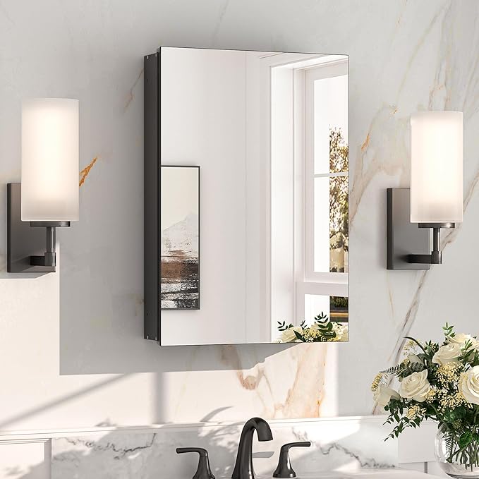 Keonjinn Black Medicine Cabinet for Bathroom with Mirror 16 x 24 Inch, Assembly Required, Lightweight, Tempered Glass, Free Adjustable Shelves, Recessed or Wall Mount, Bathroom Mirrors with Storage