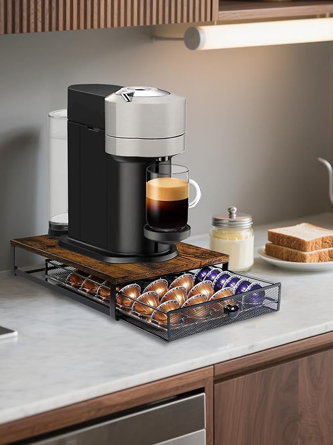 Coffee Pod Holder Drawer Organizer Vertuo Capsules Storage Organizer with Sliding Drawer Compatible For Nespresso Vertuo Pods, Holds up to 56 Small or 28 Big Vertuo Pods Rustic Brown