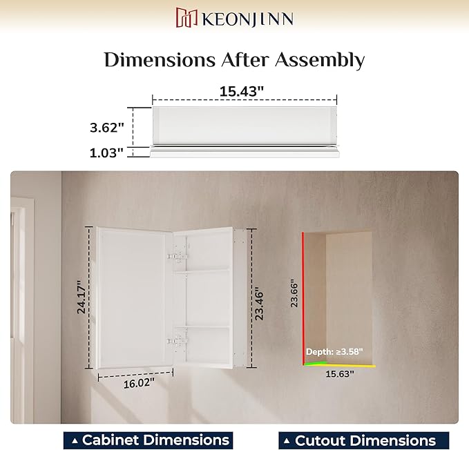 Keonjinn Medicine Cabinet Mirror 16" x 24", Assembly Required, White Medicine Cabinet with Mirror for Bathroom, Beveled Framed, Wall-Mounted or Recessed, Stepless Adjustable Shelves