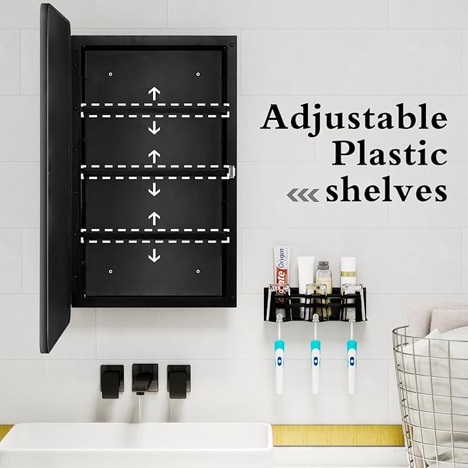 Fundin Black Plastic Medicine Cabinet, Mirror Door with Round Corner Metal Frame, Recessed and Surface Mount Bathroom Wall Medicine Cabinet, 16 x 28 inch Mirror Size