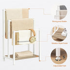 HOOBRO Free Standing Towel Rack, 3 Tier Blanket Rack, Blanket Holder for Bathroom, 16.9" L x 11" W x 31.9" H, Industrial Metal Drying and Display Rack with Shelf, White and Grey WG03LB01