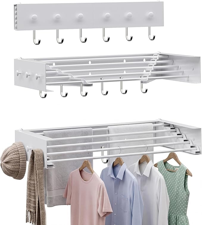 Collapsible Laundry Drying Rack Wall Mounted - 34.65 Inch Metal Clothing Drying Rack with 6+6 Hooks, Retractable Foldable Dryer Racks for Laundry Drying Indoor, Heavy Duty Towel & Coat Hanger
