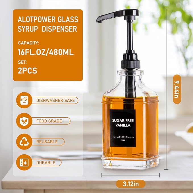 Alotpower 2-Pack 16oz Glass Coffee Syrup Dispenser Bottles, Empty Square Dispenser for Coffee Bar with 1/4oz Pump - Kit Includes 36 Labels & Marker