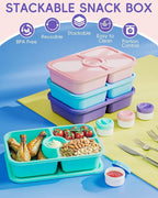 4 Pcs Bento Snack Box Containers, 4 Compartment Divided Stackable Food Storage Containers with Lids, Meal Prep Lunch Container with Sauce Cups