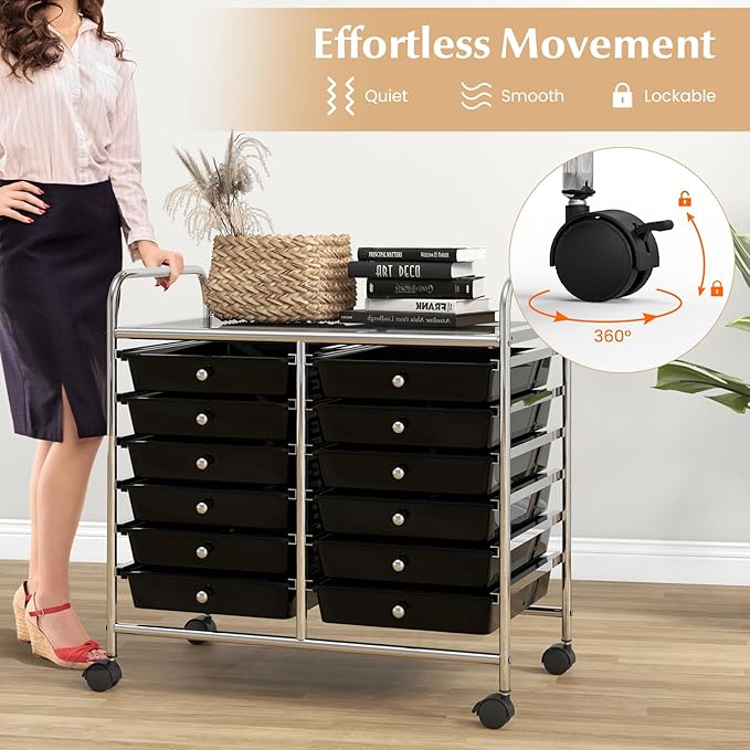 GOFLAME 12-Drawer Rolling Storage Cart, Multifunctional Art Craft Organizer Cart, Mobile Utility Storage Cart with Removable Drawers & Lockable Wheels, Craft Cart for Home Office School, Black