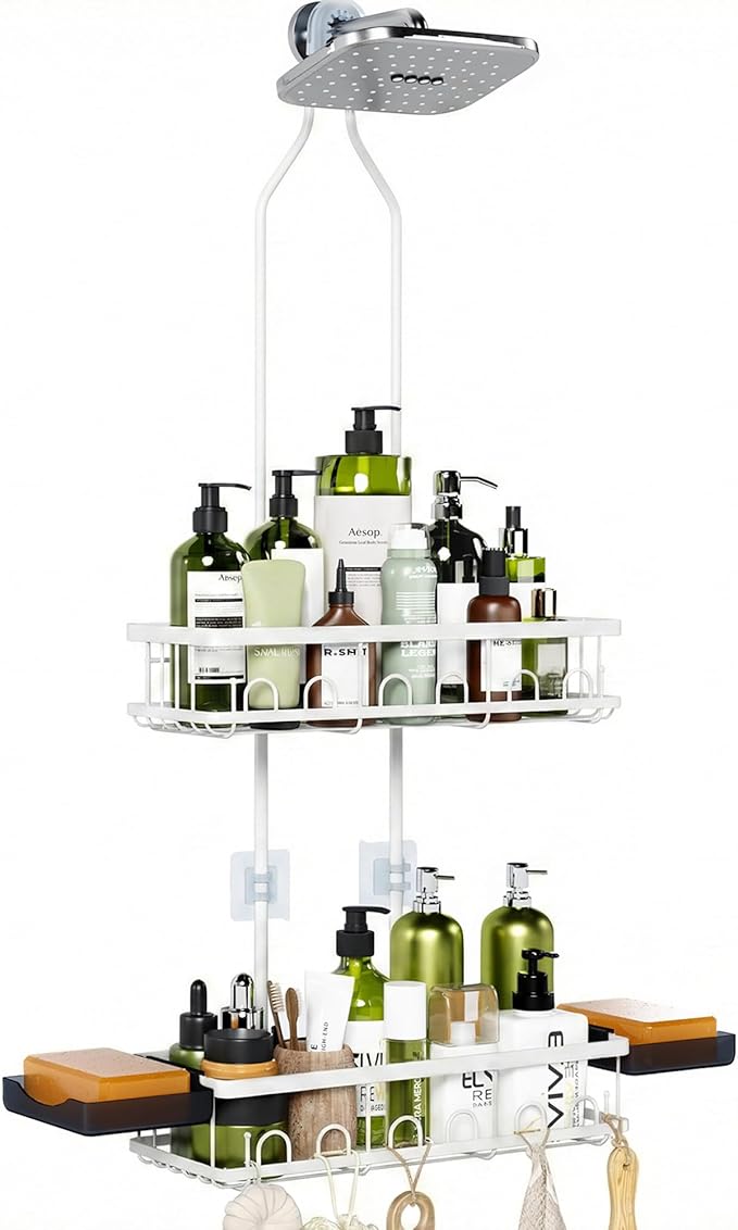 Shower Caddy Hanging: Adjustable Height Organizer for Over Showerhead - Rustproof Shower Shelves with Hooks & 2 Soap Holders, White