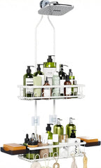 Shower Caddy Hanging: Adjustable Height Organizer for Over Showerhead - Rustproof Shower Shelves with Hooks & 2 Soap Holders, White