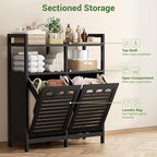Homykic Tilt Out Laundry Hamper Cabinet, Bamboo Double Laundry Hamper with 2 Removable Laundry Baskets, 20 Gal Laundry Sorter Organizer with Shelf for Dirty Clothes, Bathroom, Laundry Room, Black